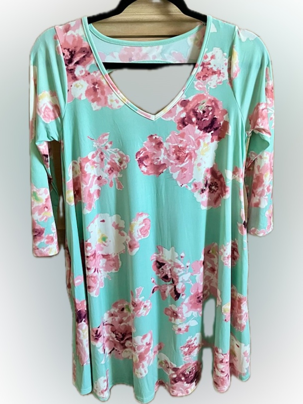 mts Mint Floral V-Neck Mini with Pink Blooms